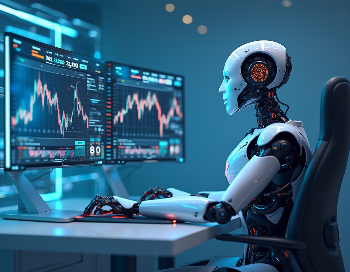 A humanoid AI trading bot at a high-tech workstation, analysing market data with multiple screens.
