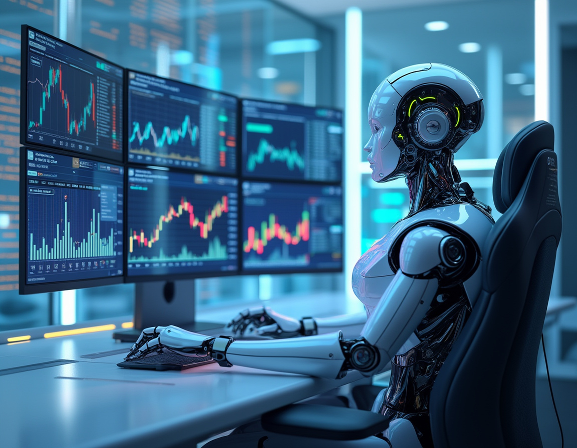 A humanoid AI trading bot at a high-tech workstation analyzing market data on multiple screens.