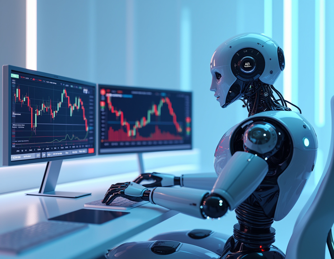 A humanoid AI trading bot analyzing market data at a high-tech workstation with vivid stock charts.