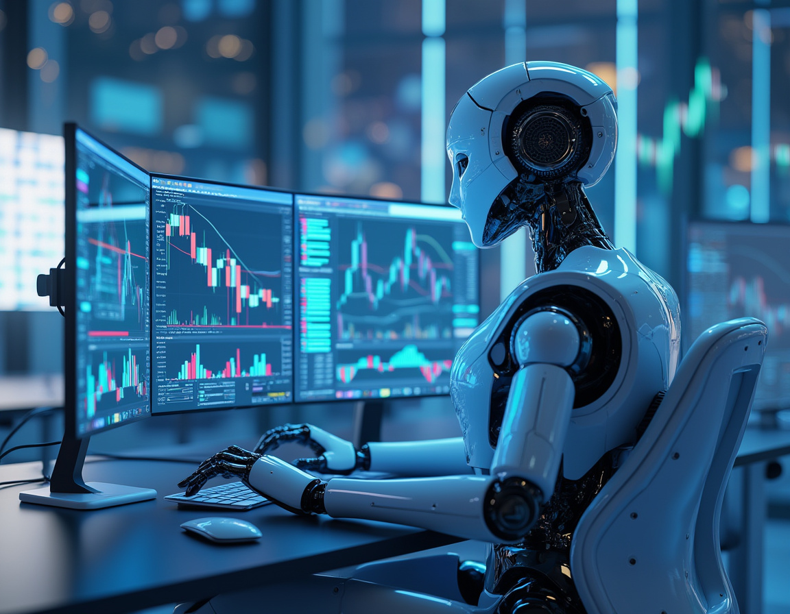 A humanoid AI trading bot works at a futuristic workstation, analyzing stock and crypto market data.
