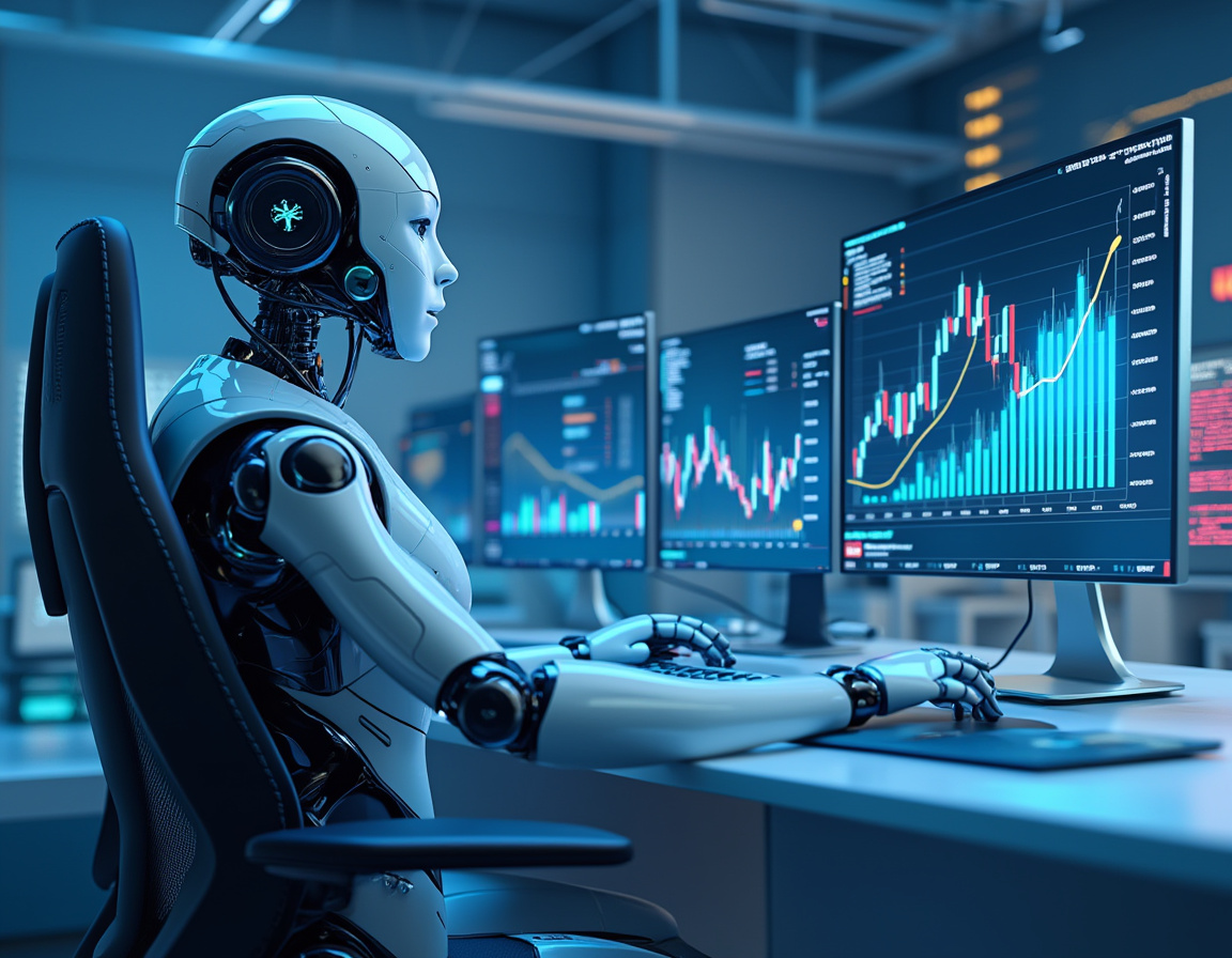 A hyper-realistic AI trading bot at a futuristic workstation analyzing crypto and stock market data.