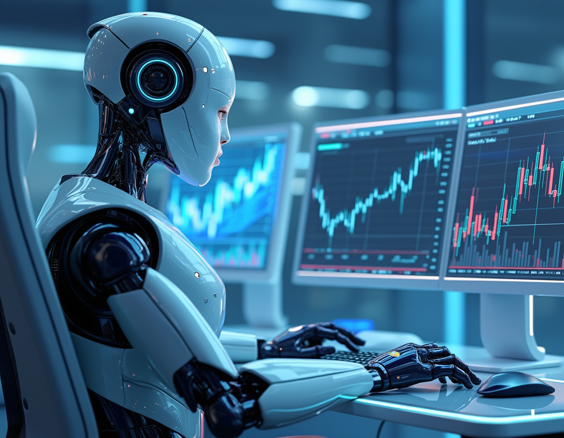 A humanoid AI trading bot analyzes market data at a high-tech workstation with vibrant screens.