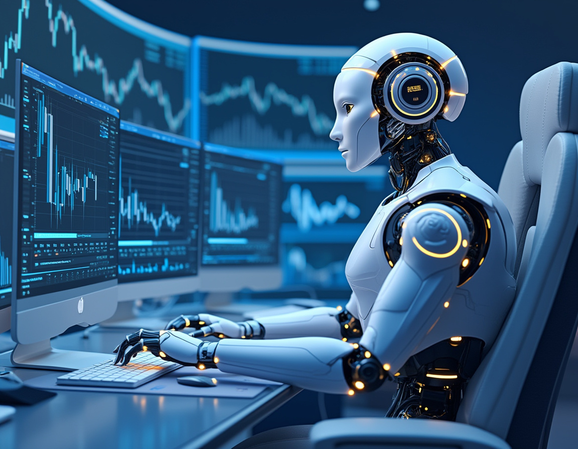 A futuristic AI trading bot analyzes data on multiple screens in a sleek, high-tech environment.