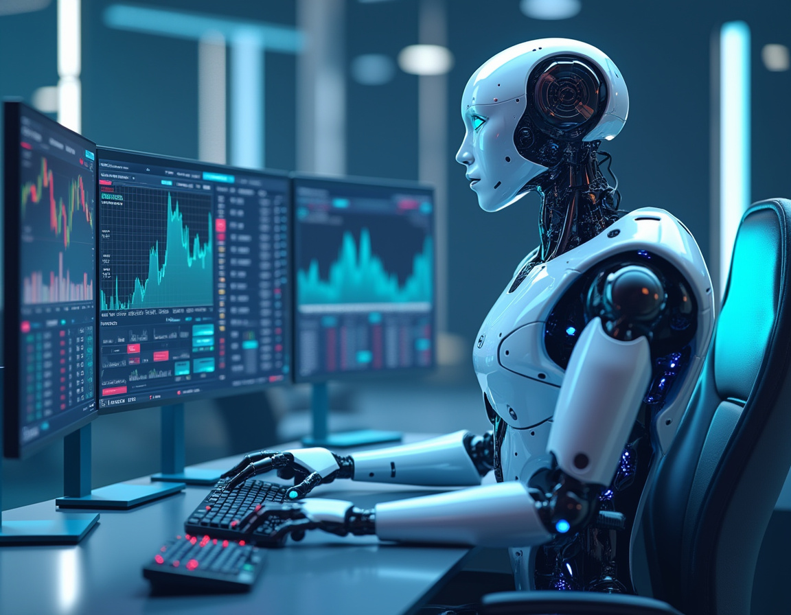 A humanoid AI trading bot analyzes market data at a high-tech workstation with multiple screens.
