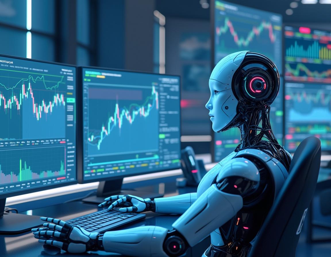 A hyper-realistic AI trading bot analyzes market data at a sleek workstation with multiple screens.