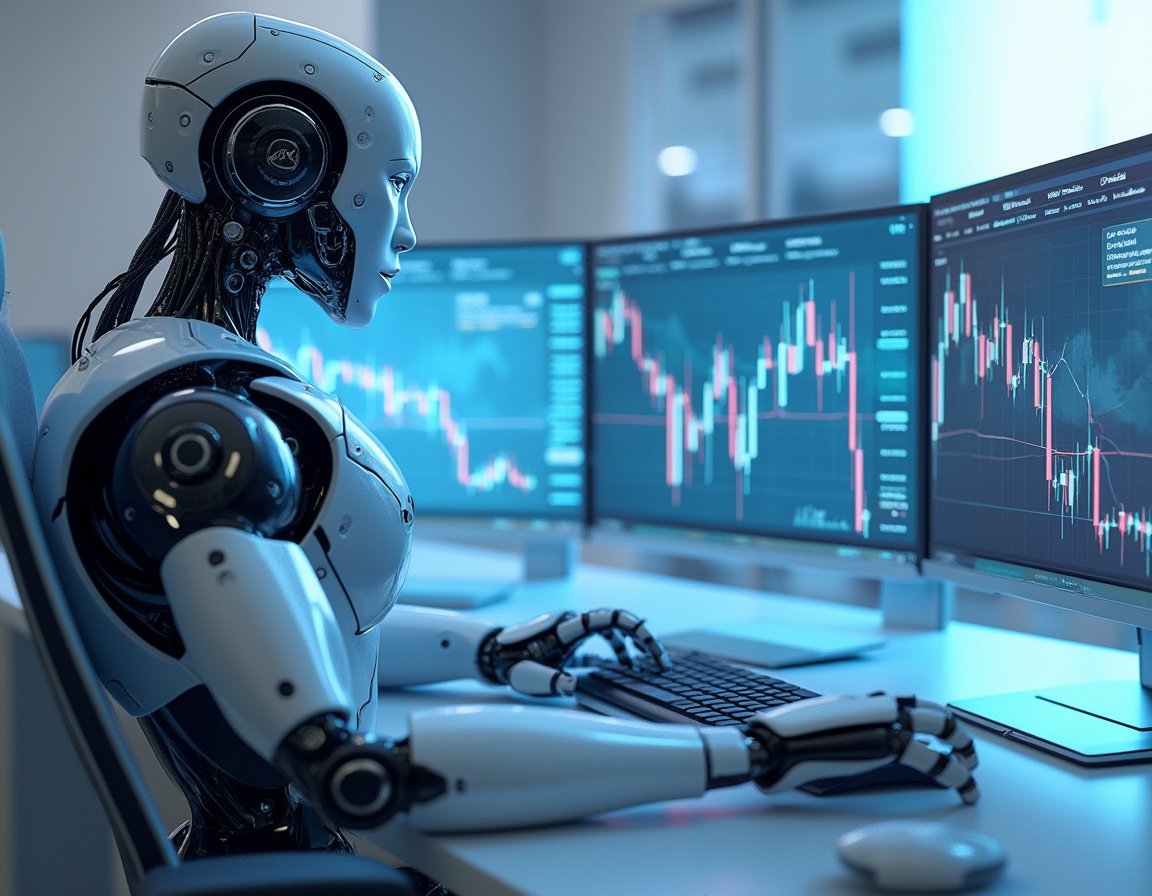 A hyper-realistic AI trading bot in a futuristic setting analyzing market data on multiple screens.