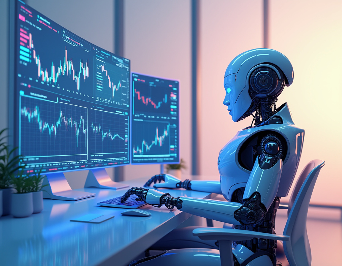 A humanoid AI trading bot in a high-tech environment analyzing market data across multiple screens.
