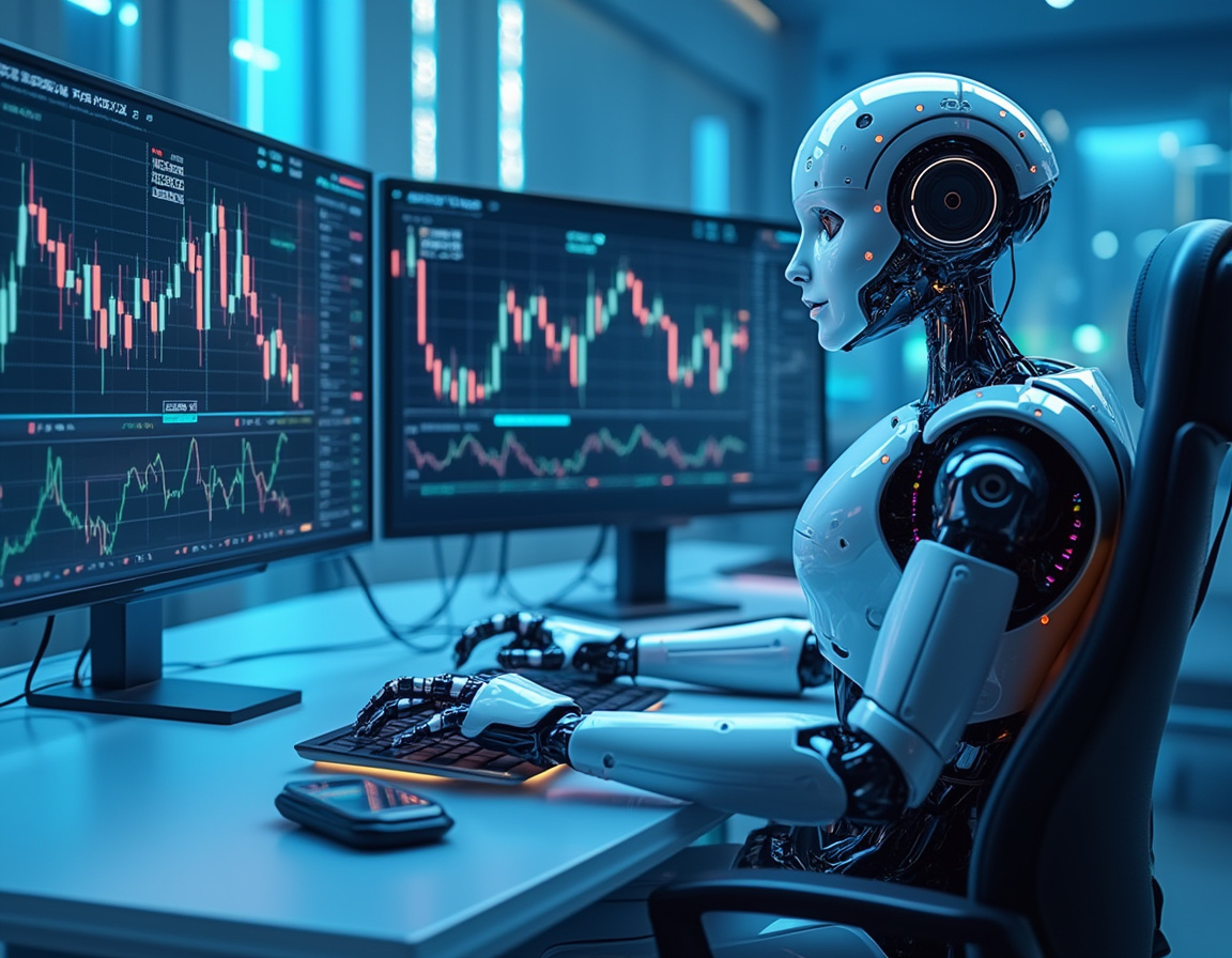 A hyper-realistic AI trading bot analyzes market data at a sleek workstation with bright screens.