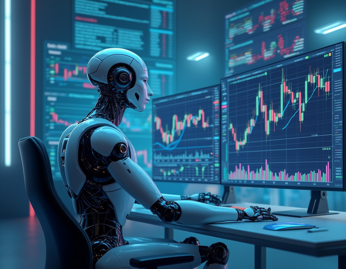 A humanoid AI trading bot at a workstation analyzing stock and crypto data on multiple screens.