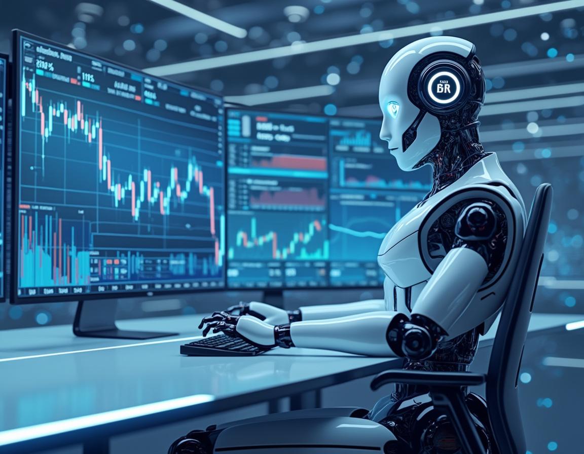 A humanoid AI trading bot at a workstation analyzes crypto and stock data on multiple screens in 3D.