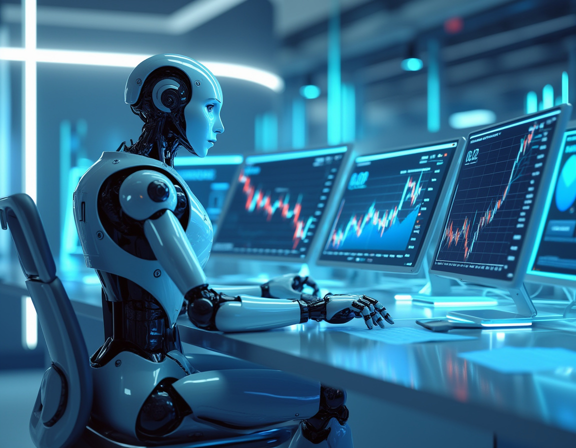 A hyper-realistic AI trading bot analyzes market data at a high-tech workspace with glowing screens.