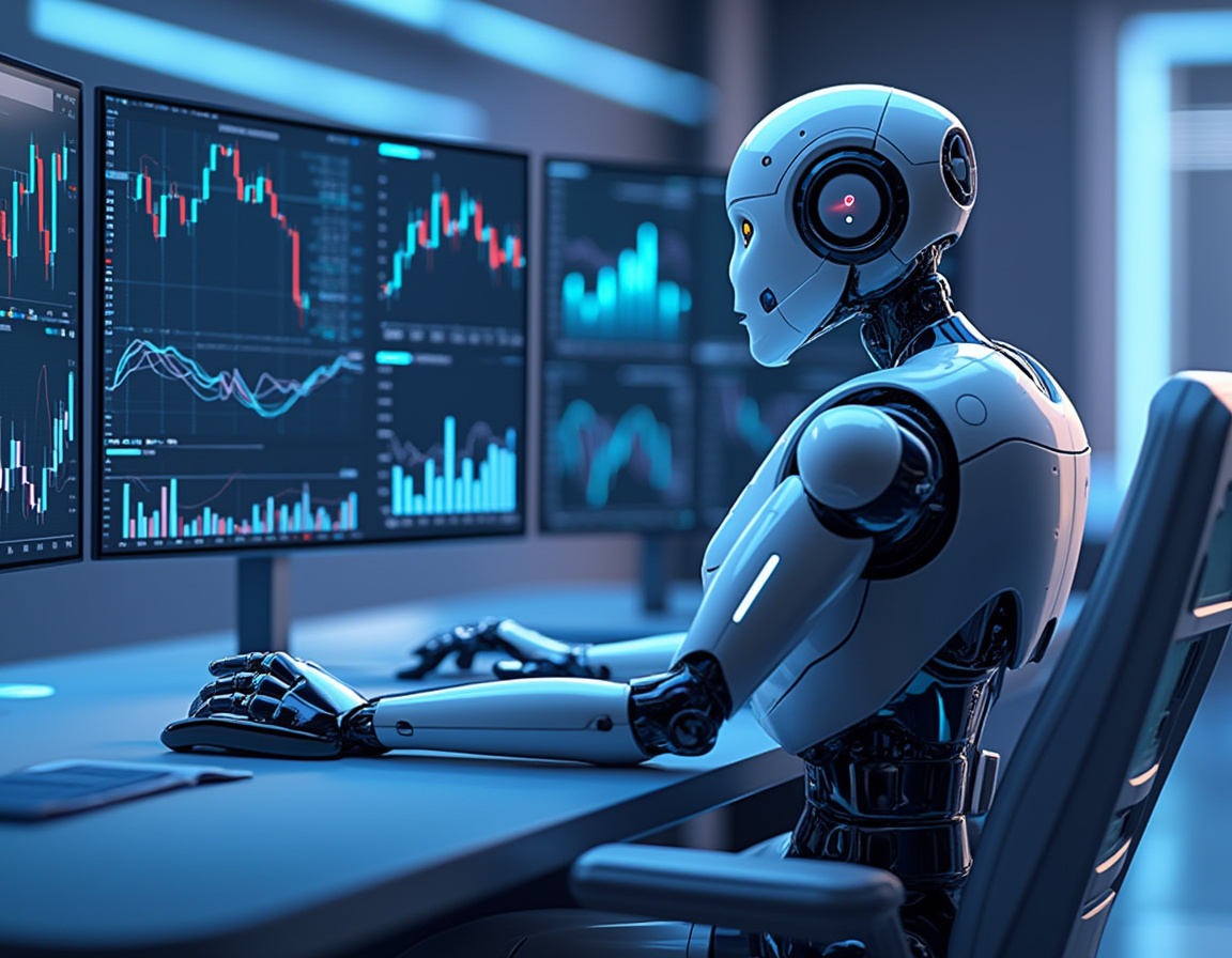 A hyper-realistic AI trading bot at a high-tech workstation analyzing markets on multiple screens.