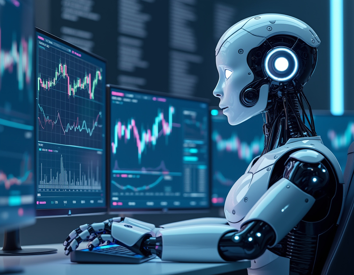 A hyper-realistic AI trading bot in a futuristic workspace analyzing crypto and stock market data.