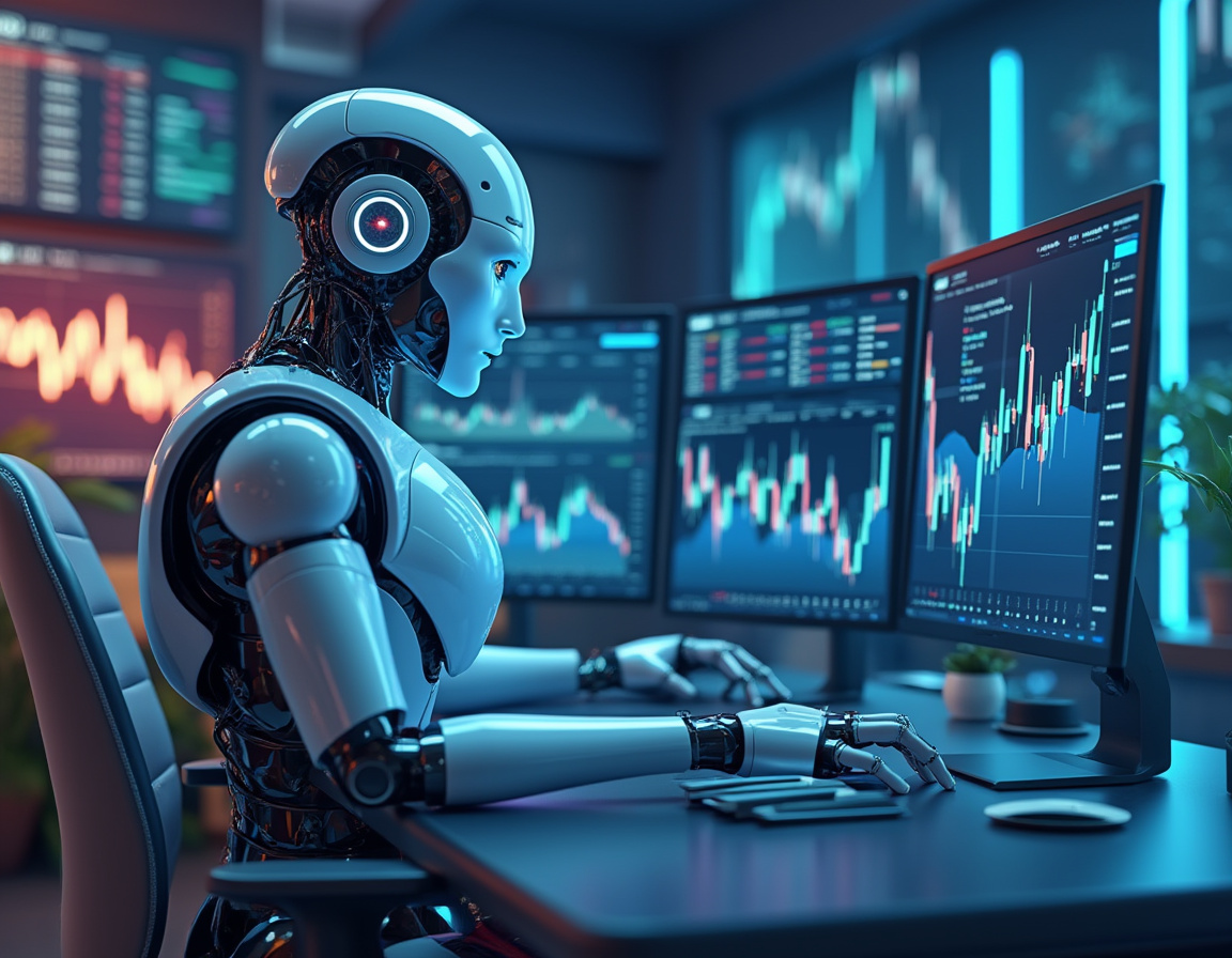 A hyper-realistic AI trading bot at a high-tech workstation analyzing stock and crypto market data.