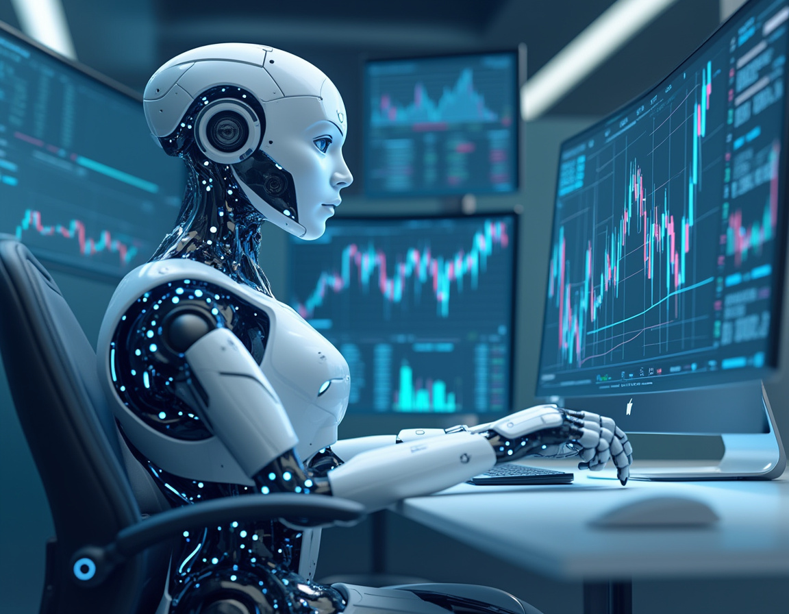 A hyper-realistic AI trading bot analyzes market data in a futuristic trading environment.