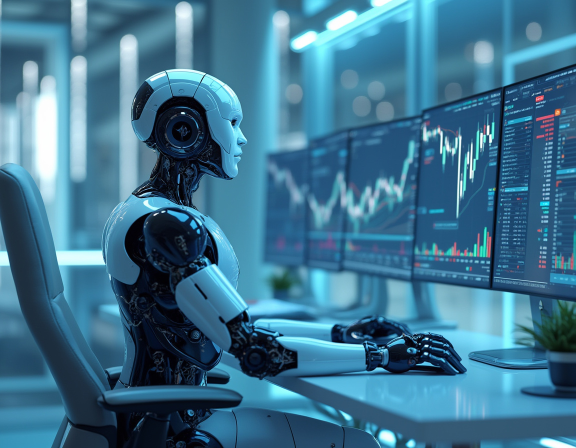 A hyper-realistic AI trading bot at a futuristic workstation analyzing crypto and stock market data.