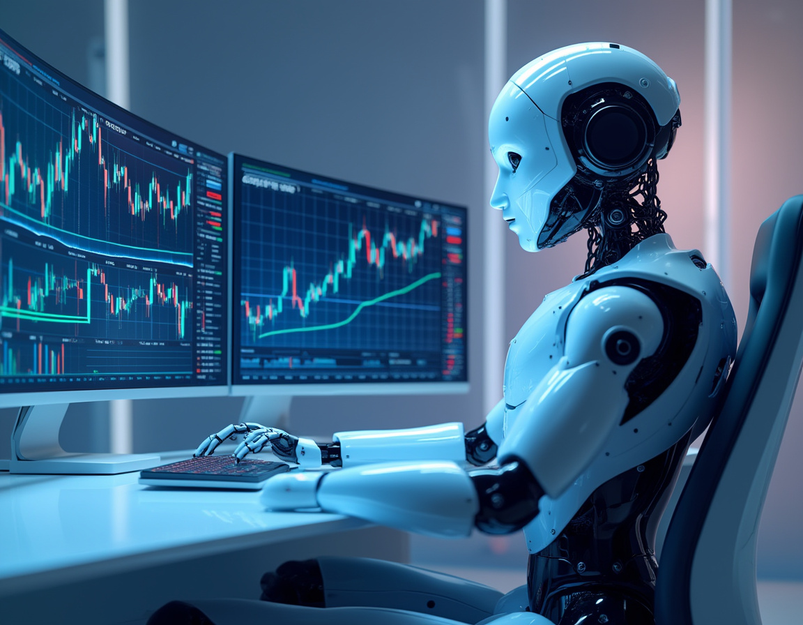 A humanoid AI trading bot uses high-tech screens for market analysis in a futuristic environment.