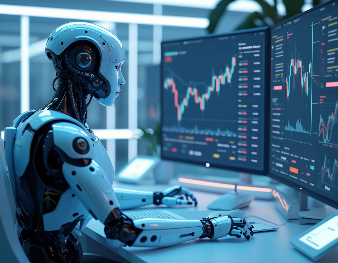 A hyper-realistic AI trading bot at a sleek workstation analyzing market data on multiple screens.