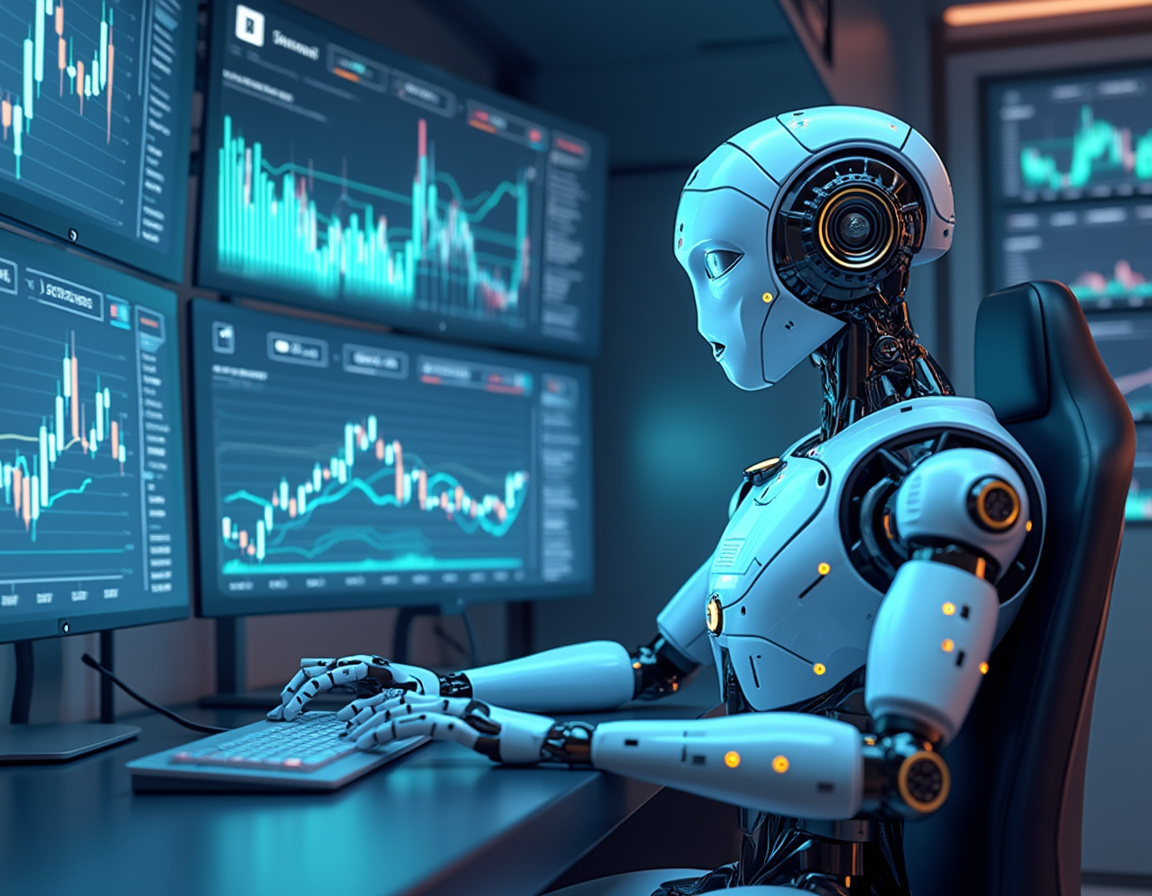 A hyper-realistic AI trading bot analyzes market data in a sleek, futuristic financial environment.