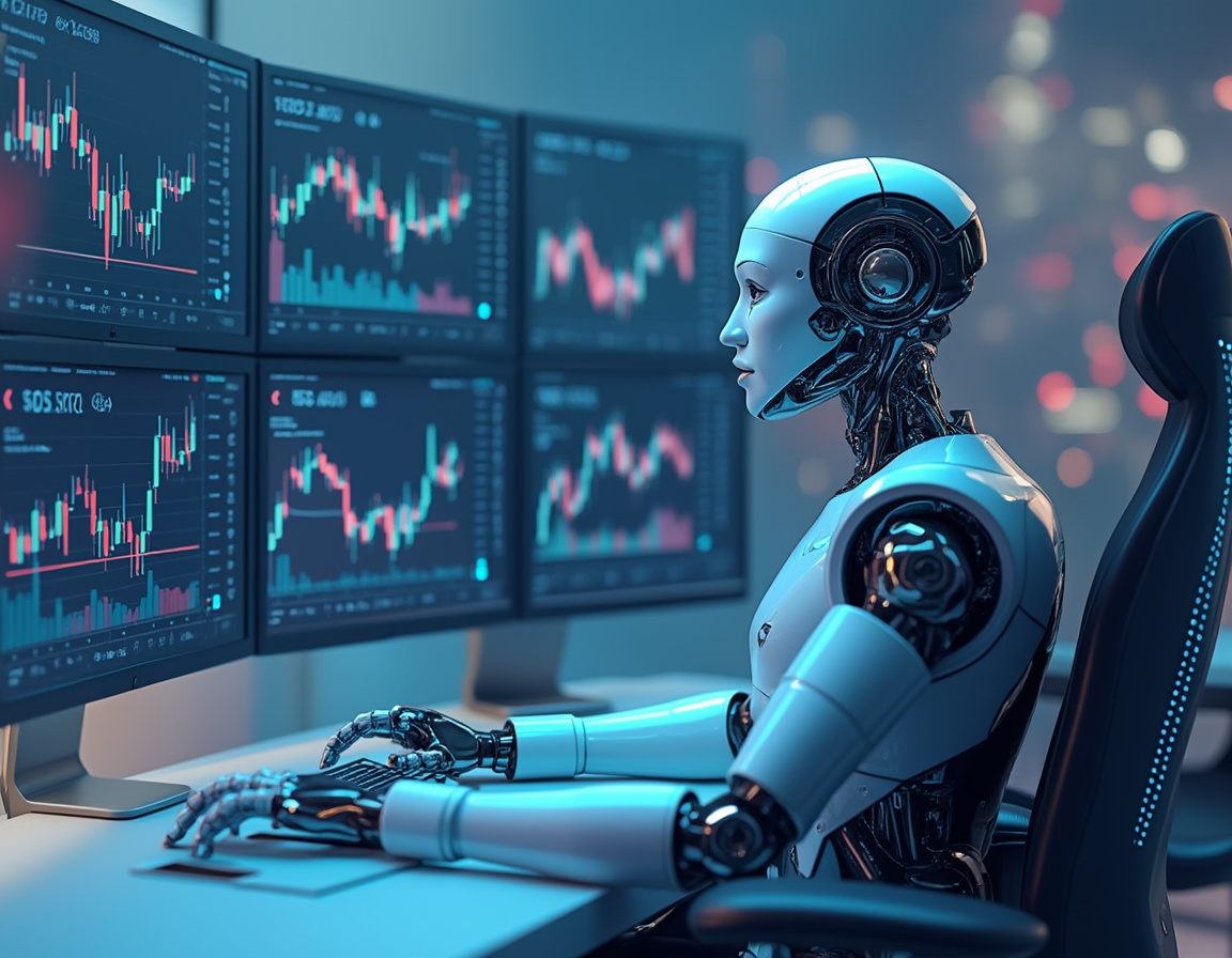 A hyper-realistic AI trading bot in a futuristic workstation analyzing stock and crypto market data.