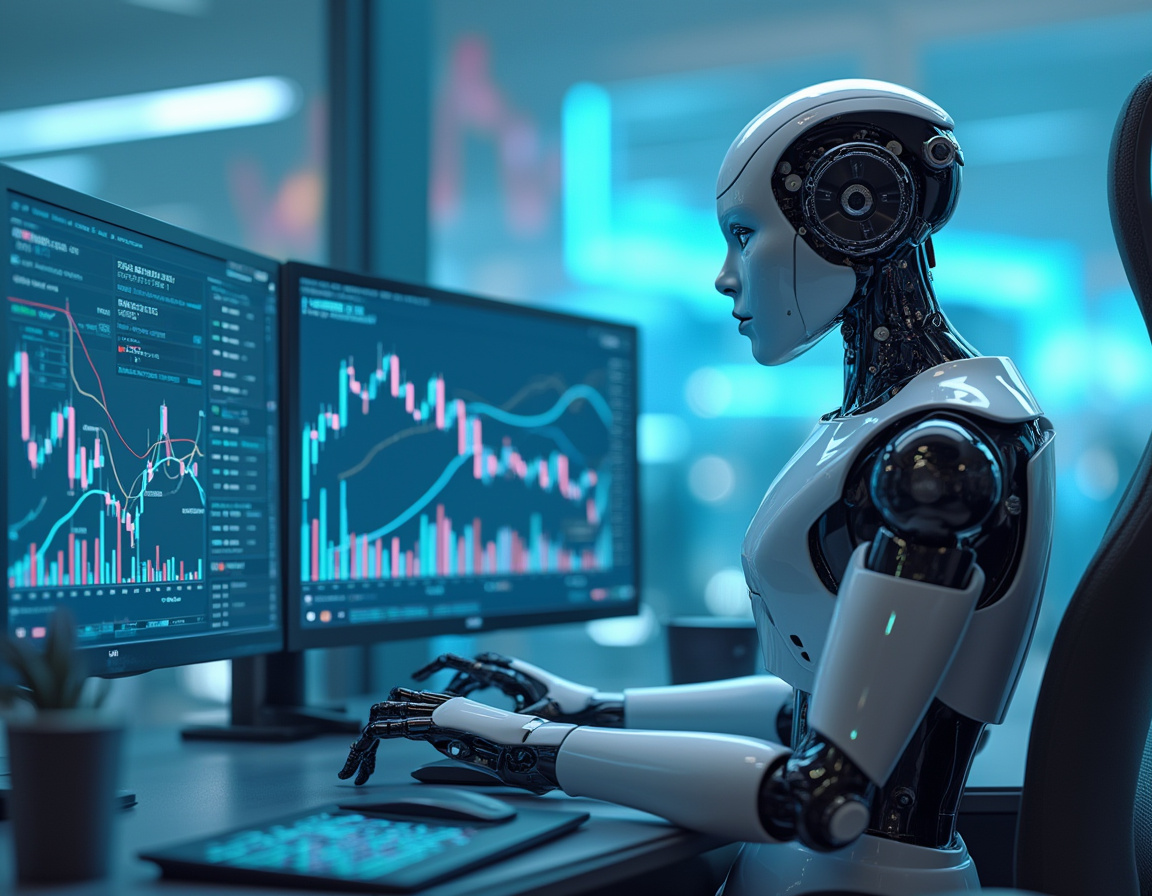 A hyper-realistic AI trading bot at a high-tech workstation analyzing crypto and stock market data.