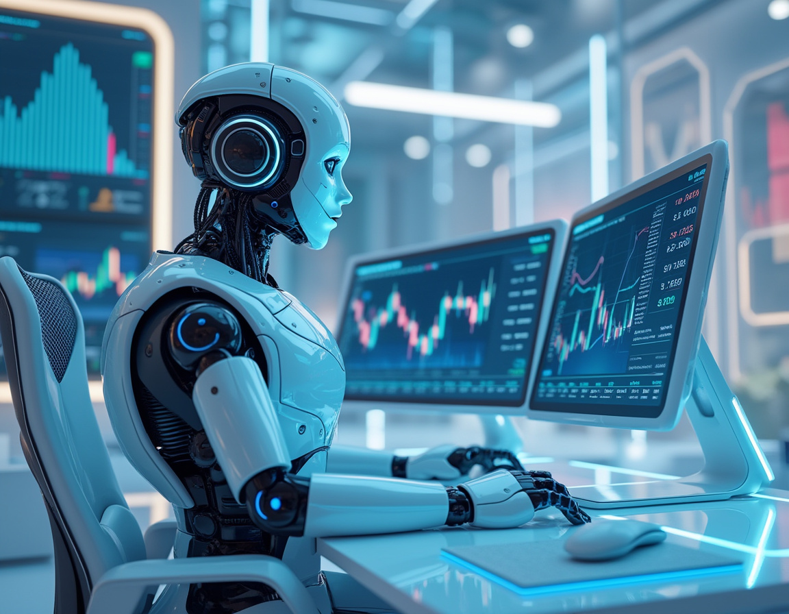 A humanoid AI trading bot at a high-tech workstation analyzing market data on multiple screens.