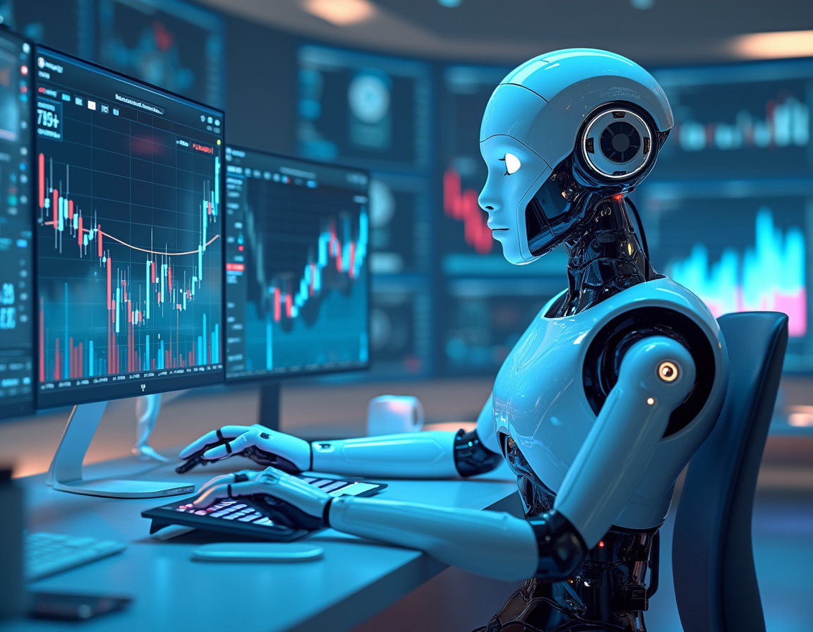 A sleek AI trading bot analyzes market data at a high-tech workstation with multiple screens.