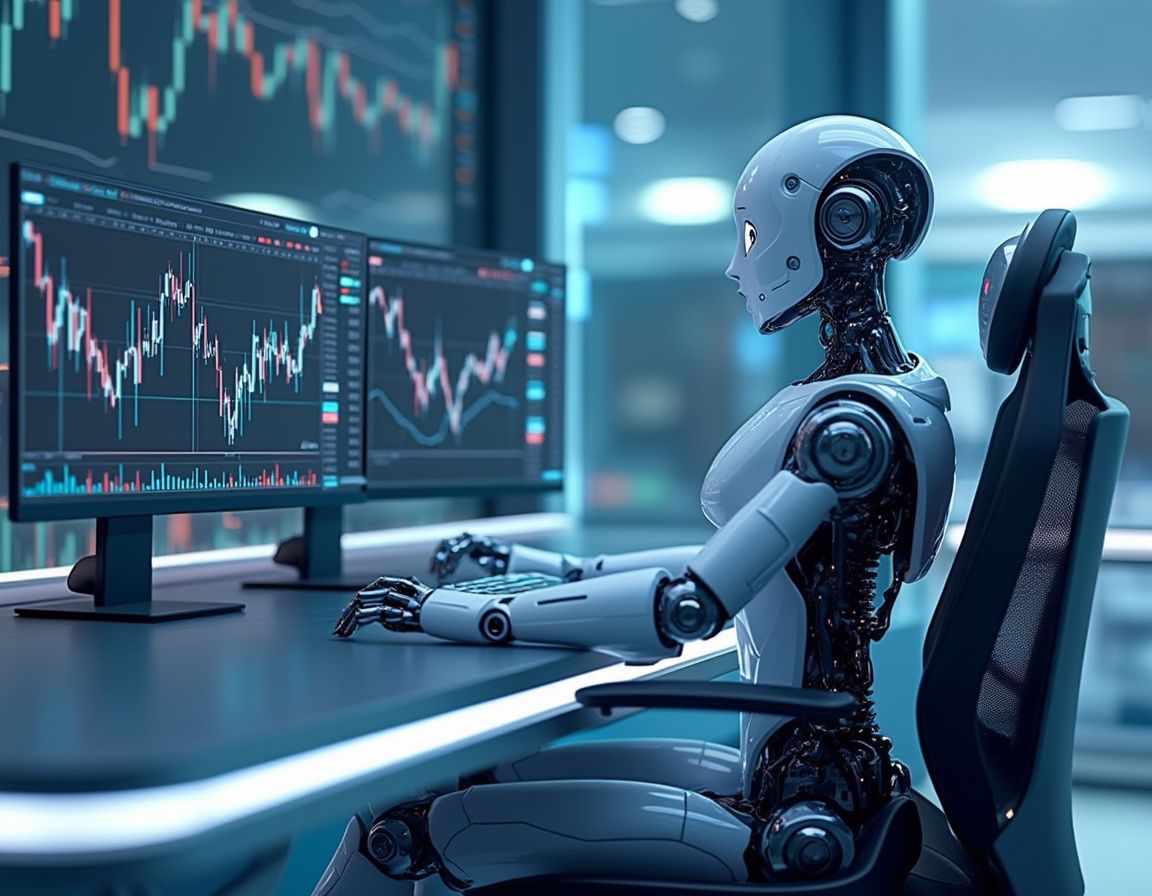 A hyper-realistic AI trading bot at a workstation analyzing market data across multiple screens.