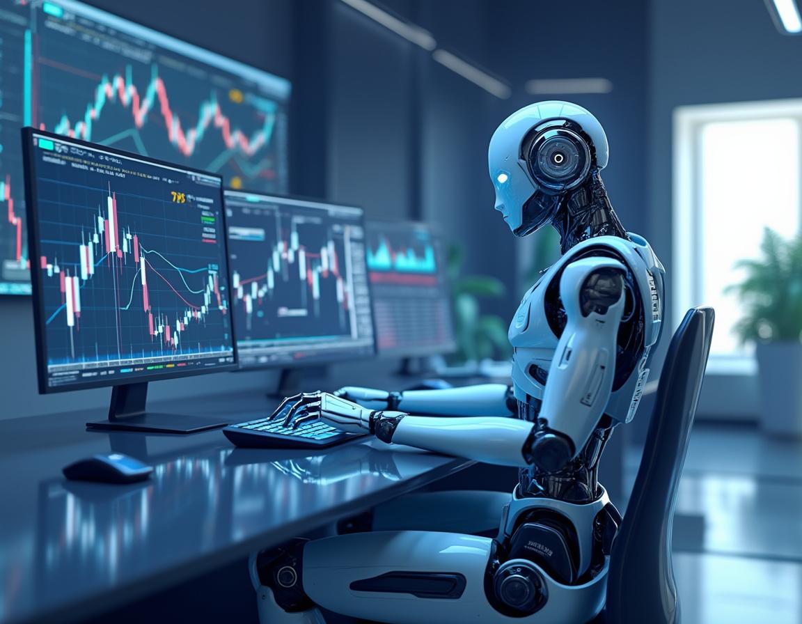 A humanoid AI trading bot at a high-tech workstation analyzes market data on multiple screens.