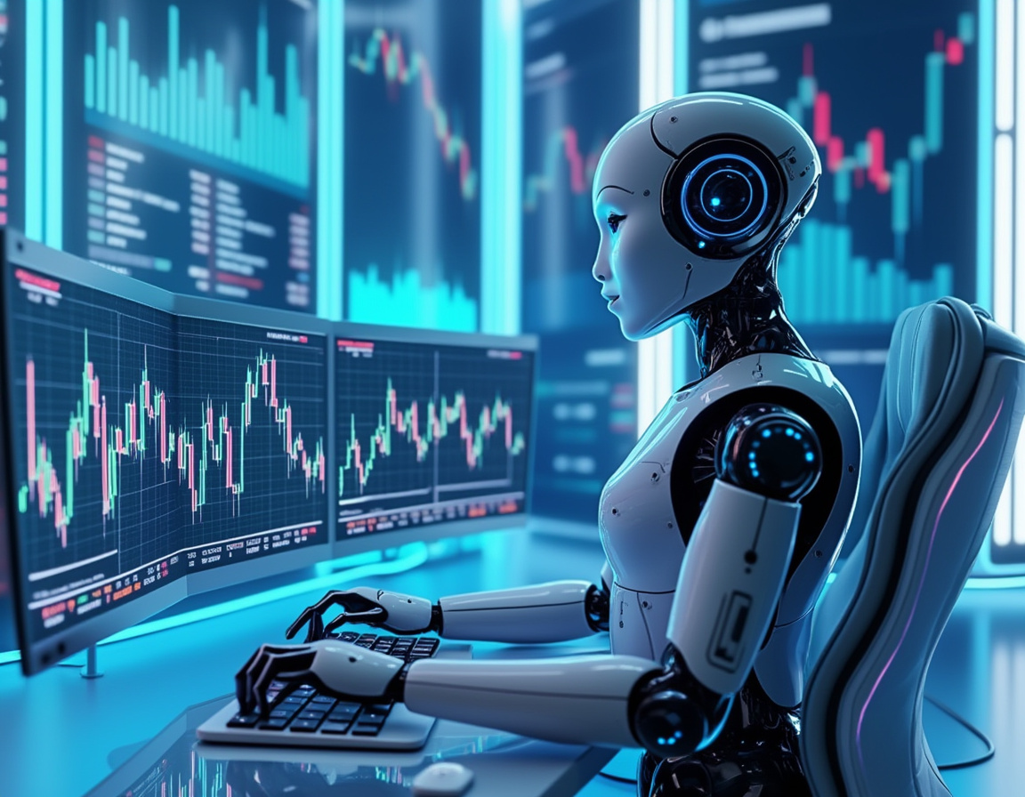 A humanoid AI trading bot at a high-tech workstation analyzing market data on multiple screens.