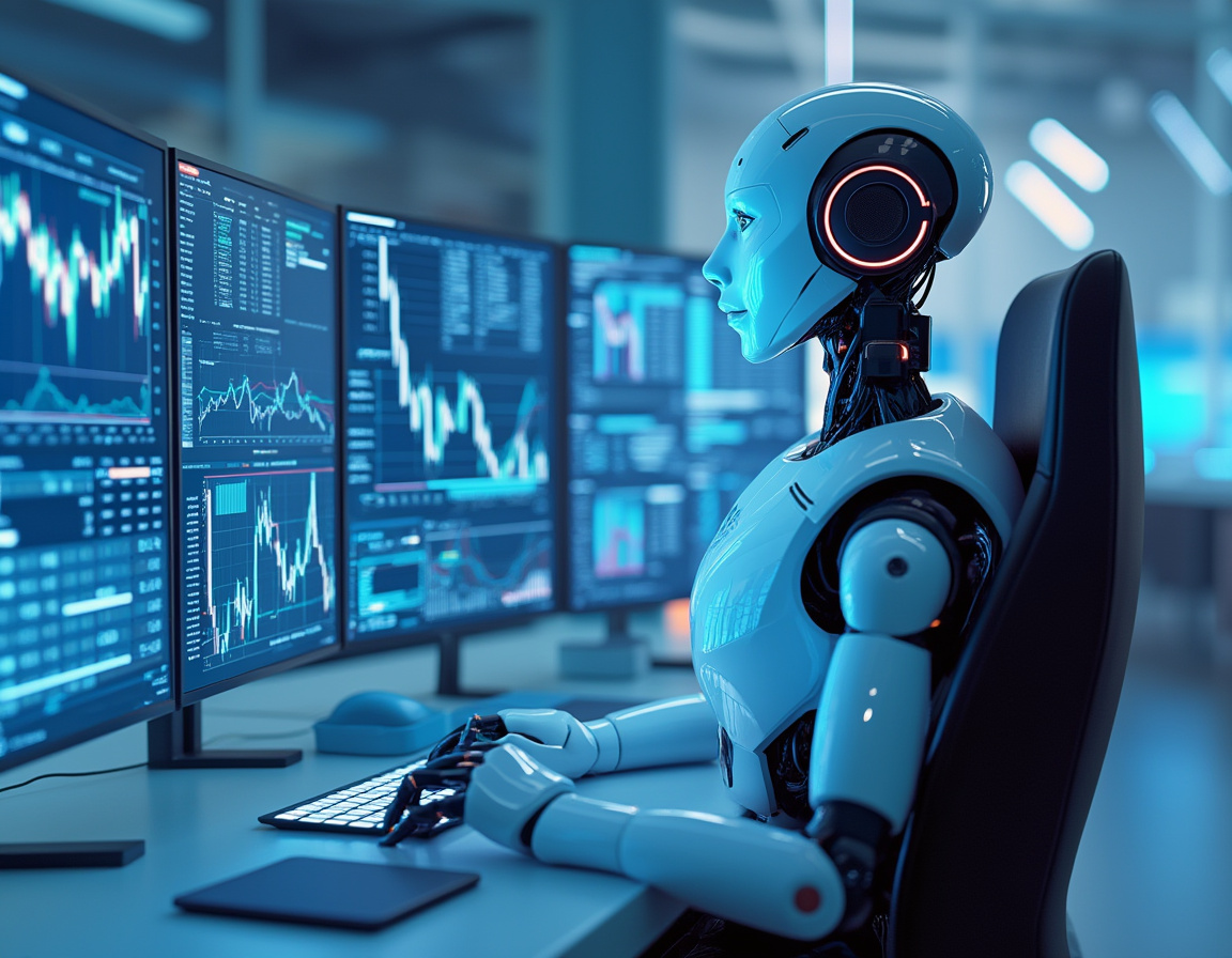 A hyper-realistic AI trading bot at a futuristic workstation analyzing crypto and stock market data.