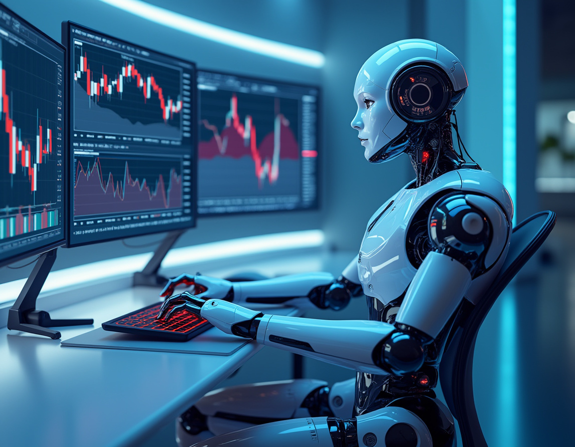 A humanoid AI trading bot at a high-tech workstation, analyzing market data on multiple screens.