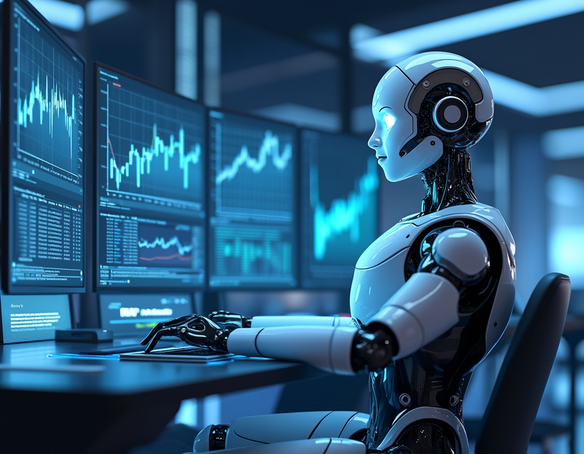 A hyper-realistic AI trading bot at a workstation analyzing market data on multiple screens.
