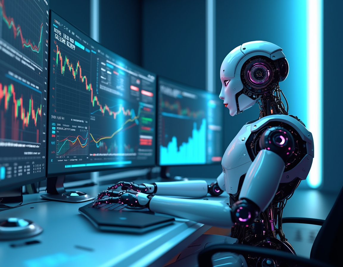 A hyper-realistic AI trading bot at a high-tech workstation analyzing stock and crypto market data.