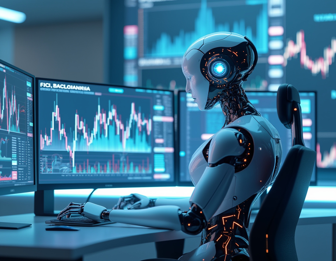 A hyper-realistic AI trading bot at a high-tech workstation analyzing stock and crypto market data.