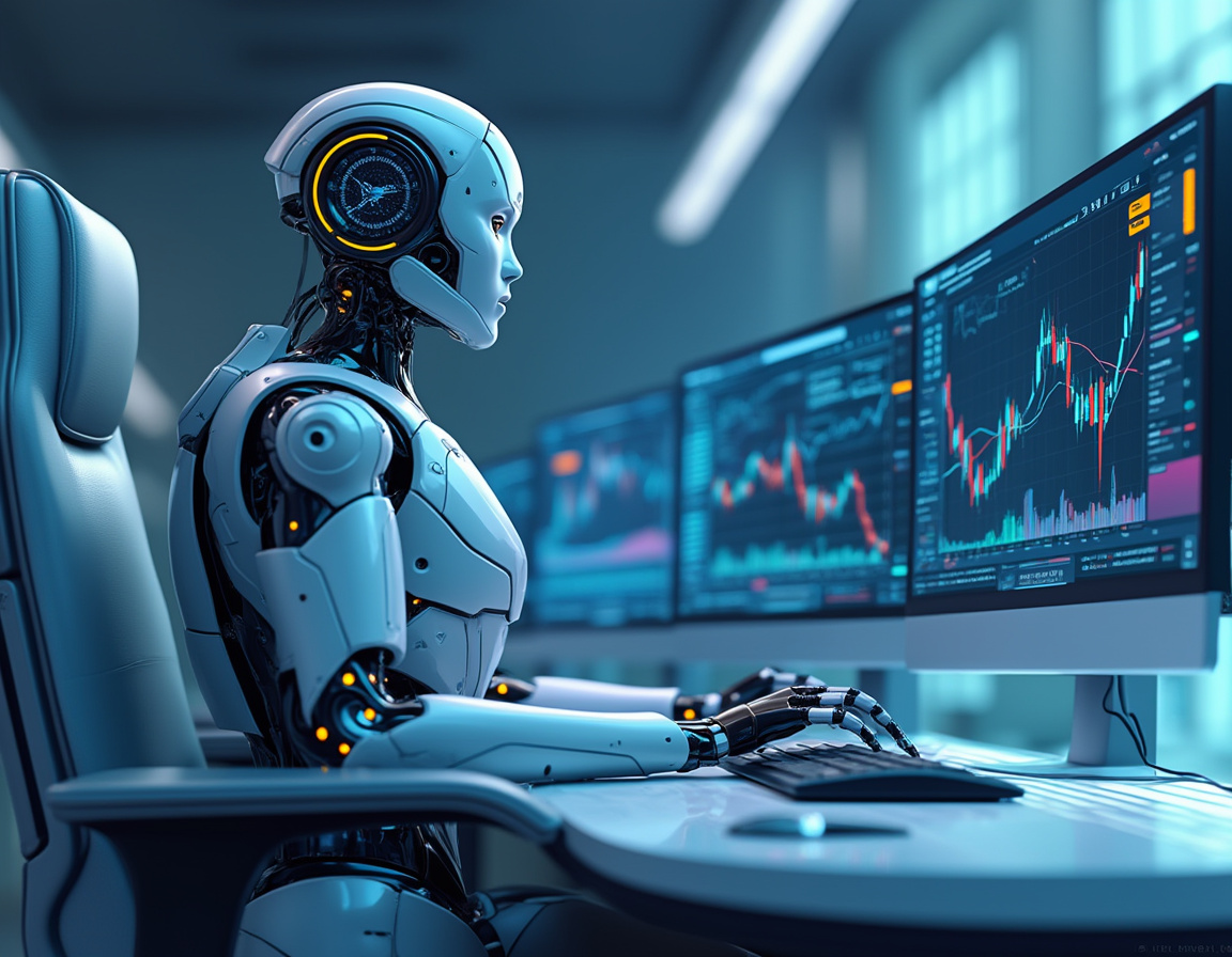 A humanoid AI trading bot at a workstation analyzes stocks and crypto data across multiple screens.