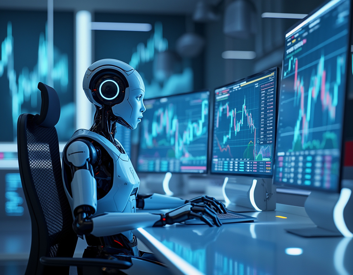 A hyper-realistic AI trading bot in a futuristic environment analyzing data on multiple screens.