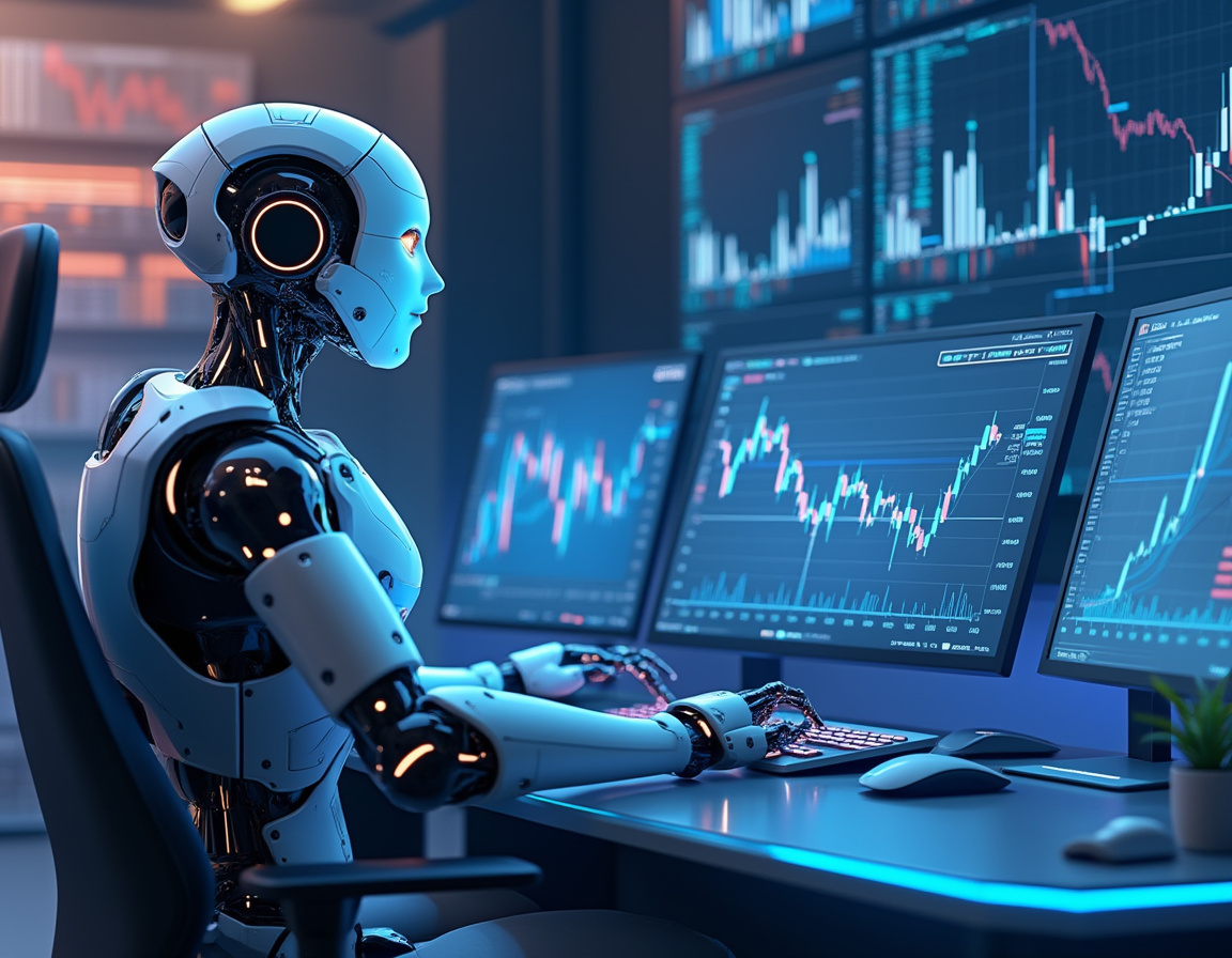 A hyper-realistic AI trading bot analyzes stock and crypto market data in a futuristic setting.