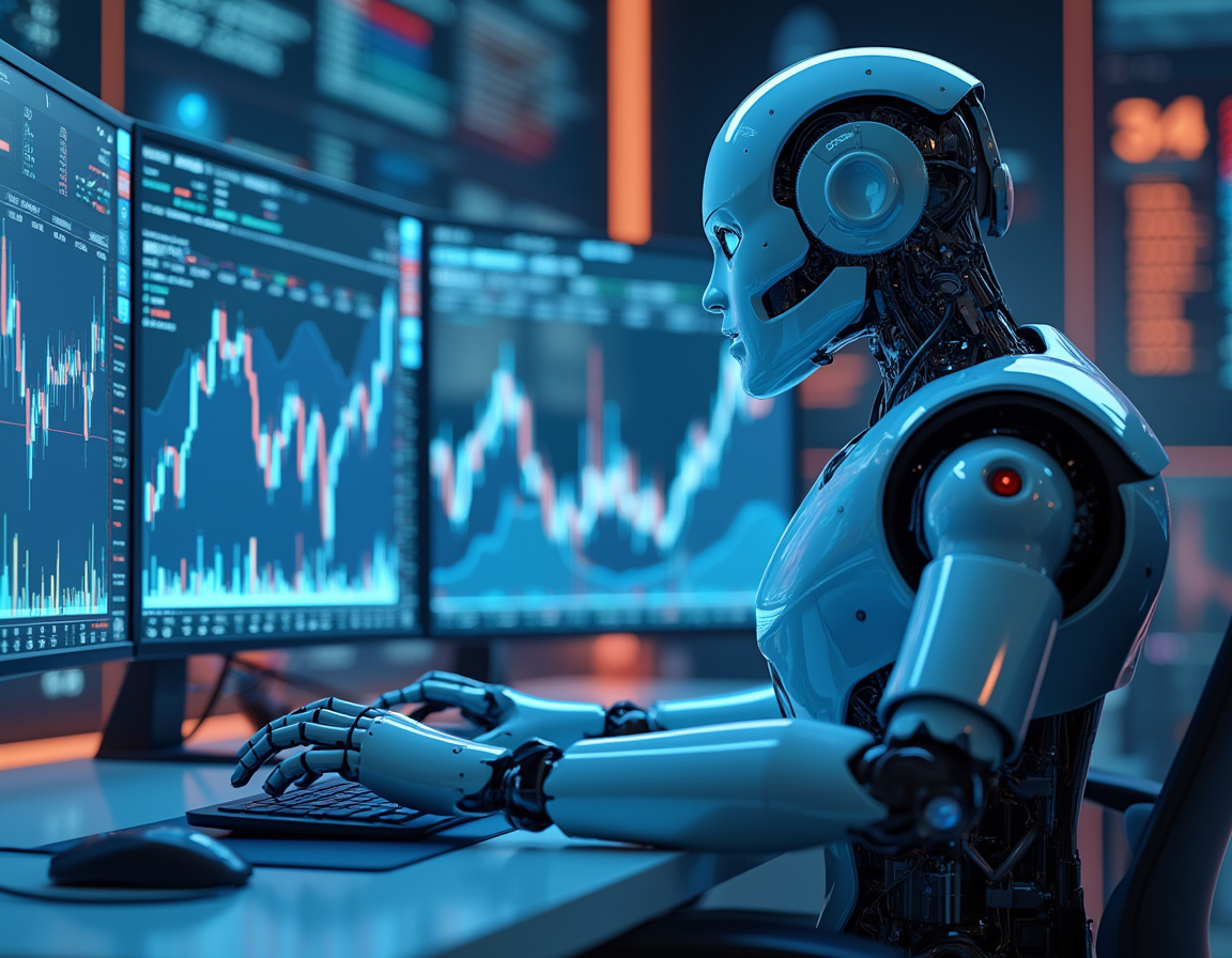A sleek humanoid AI trading bot analyzes market data at a high-tech workstation with neon lighting.