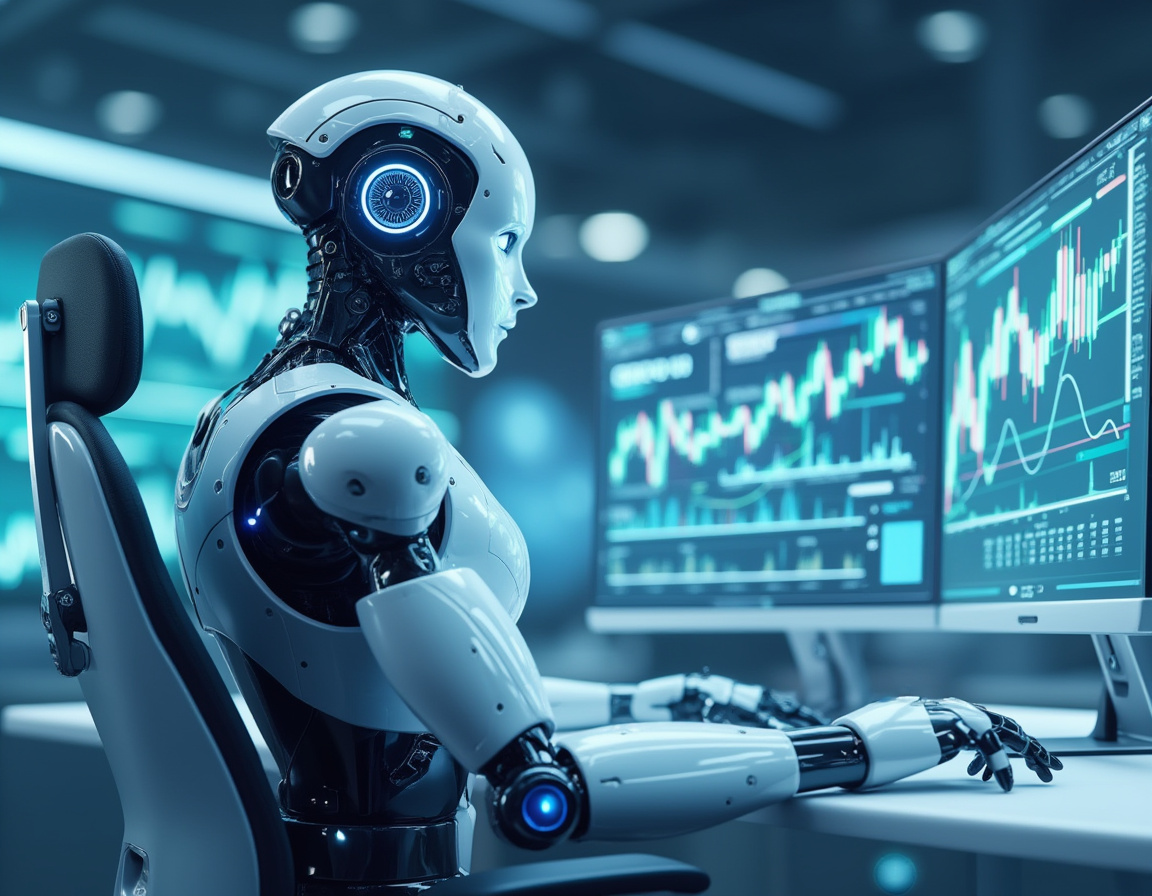 A hyper-realistic AI trading bot analyzes market data at a sleek workstation with multiple screens.