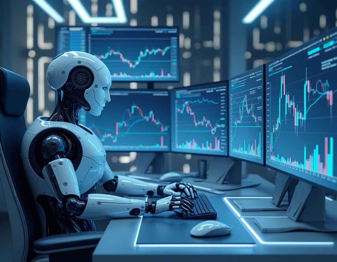 A humanoid AI trading bot analyzes market data at a high-tech workstation with multiple screens.