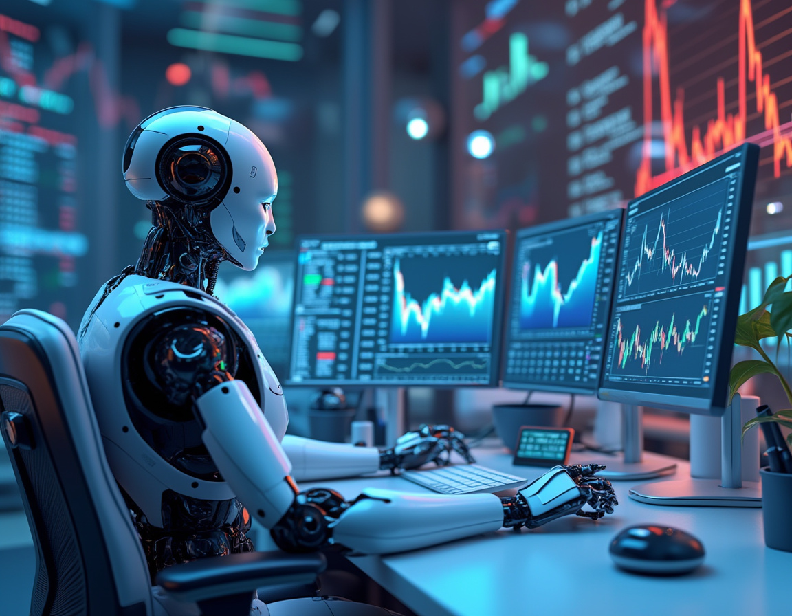 A futuristic AI trading bot analyzes market data at a high-tech workstation, surrounded by screens.