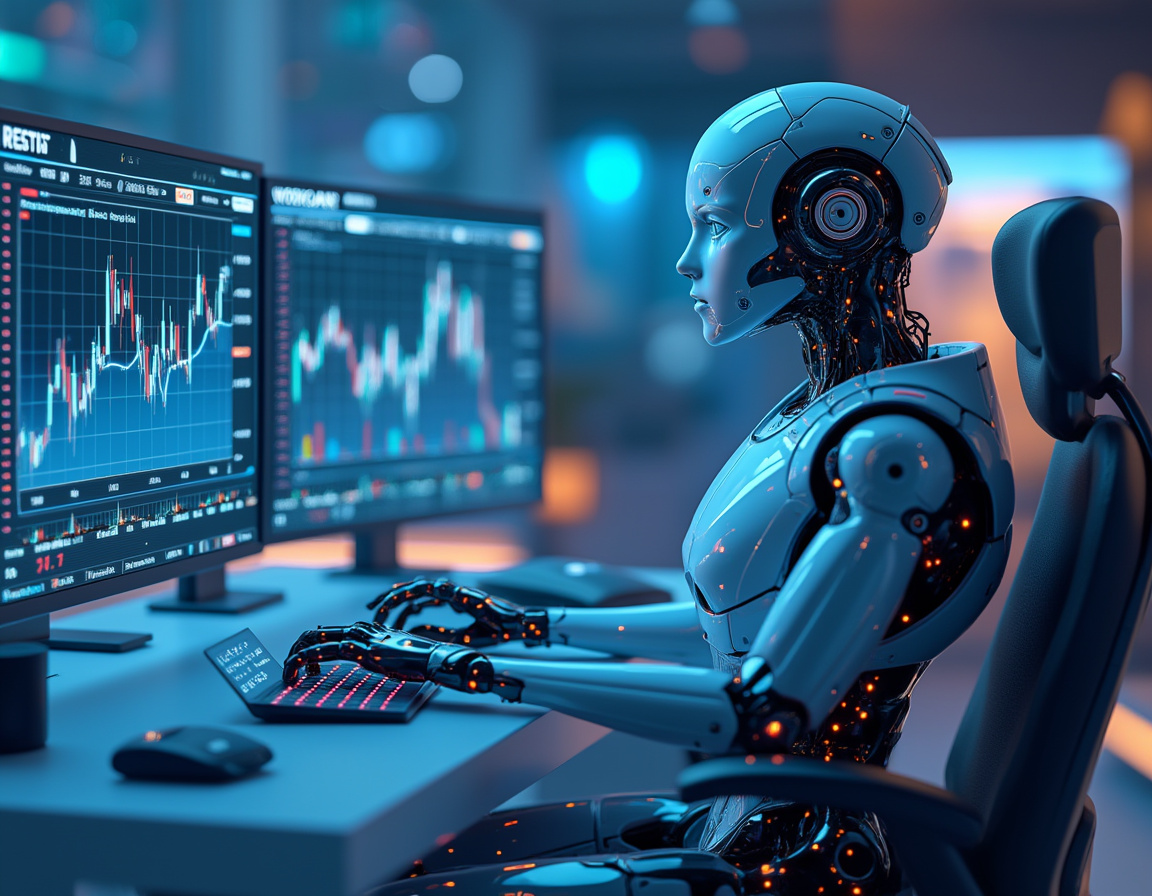 A hyper-realistic AI trading bot in a futuristic office analyzing market data on multiple screens.