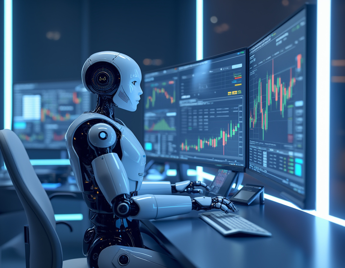 A hyper-realistic AI trading bot at a high-tech workstation, analyzing crypto and stock market data.