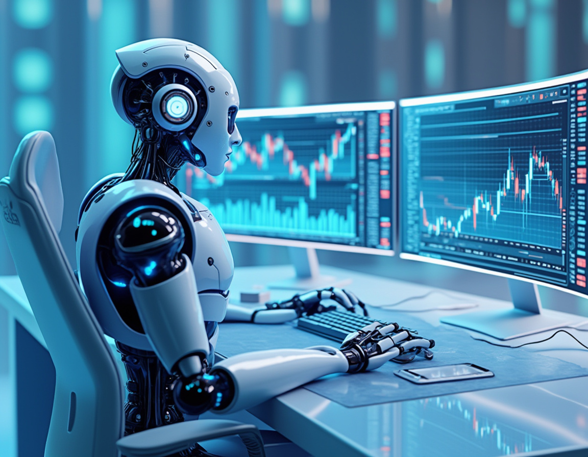 A hyper-realistic AI trading bot at a high-tech workstation analyzing crypto and stock market data.