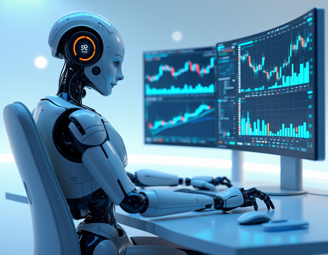A hyper-realistic AI trading bot at a workstation, analyzing data on screens with market charts.