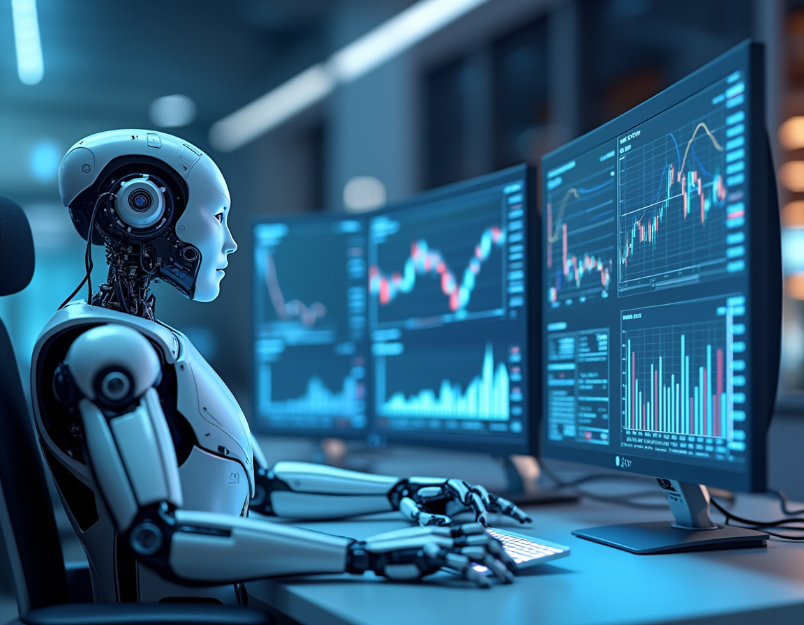 A humanoid AI trading bot analyzes market data at a sleek workstation with multiple glowing screens.