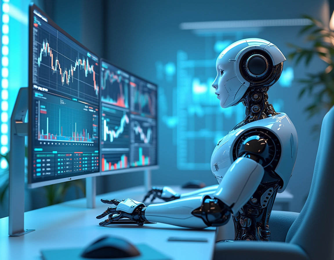 A humanoid AI trading bot analyzes market data at a high-tech workstation surrounded by screens.