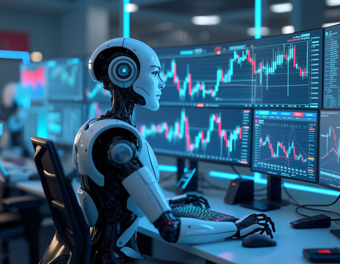 A sleek humanoid AI trading bot engaged in market analysis at a high-tech workstation with screens.