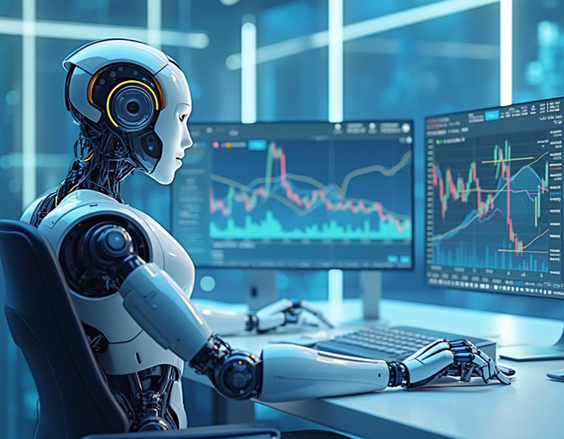 A hyper-realistic AI trading bot at a futuristic workstation analyzing stock and crypto market data.